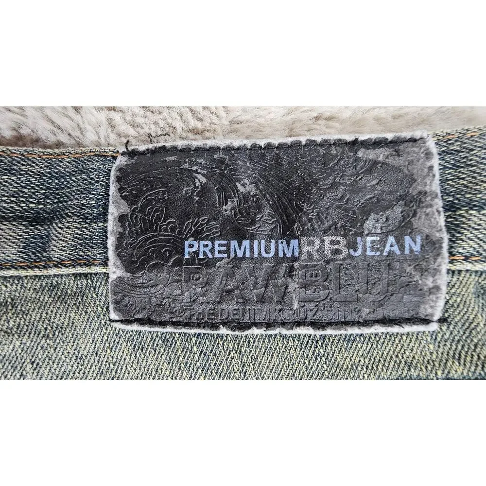 Raw Blue Jeans, Rare, Vintage, Y2K, Embroidered, Streetwear, Mens Size 32/32